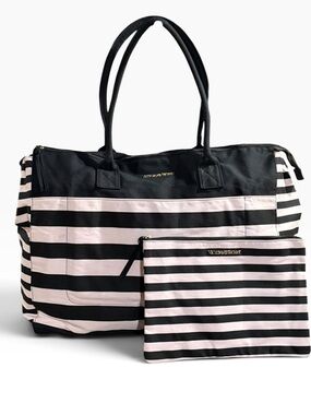 VICTORIAS SECRET PALE PINK &BLACK STRIPED CANVAS TRAVEL GYM BAG WITH ZIP POUCH